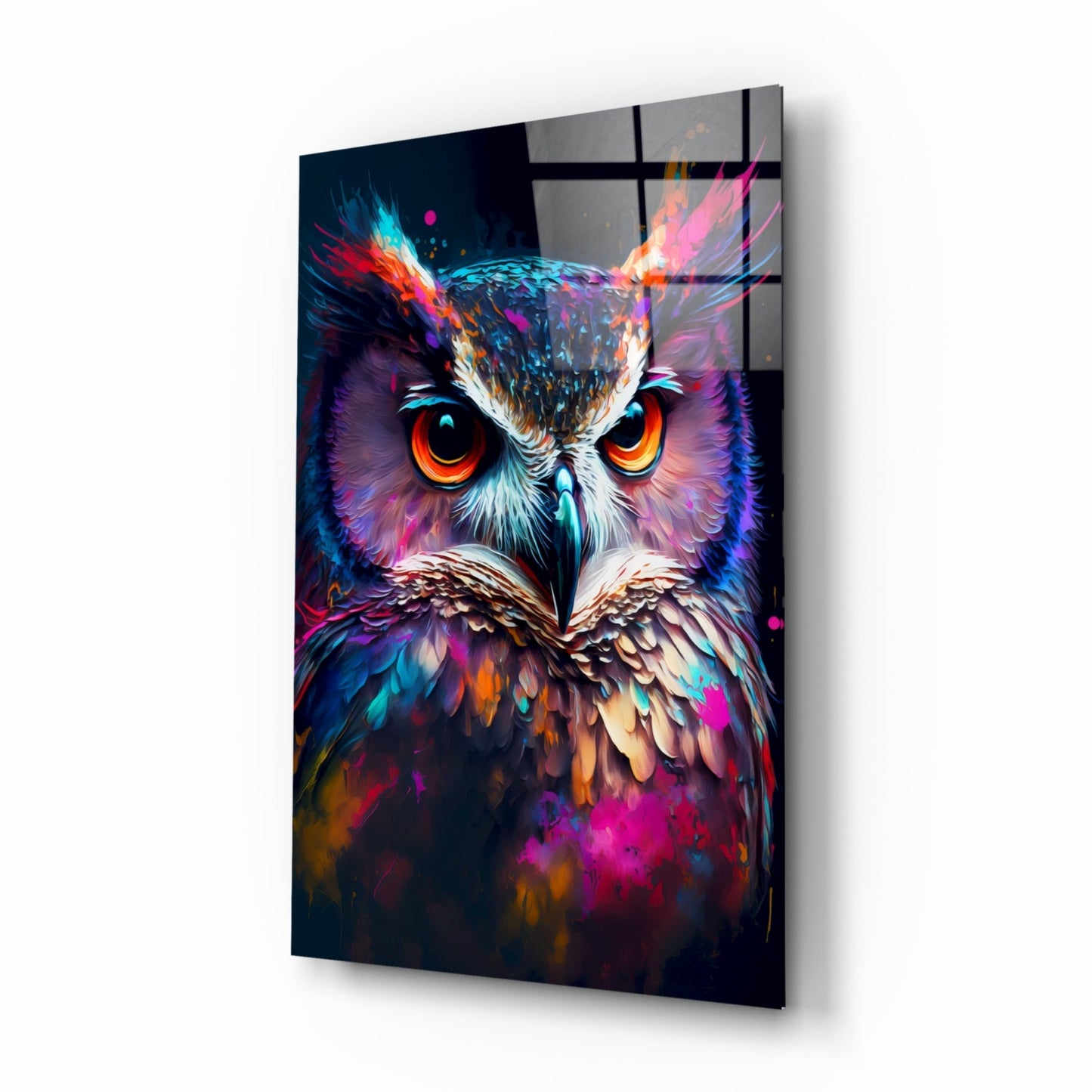 Neon Purple Feathered Owl Face Glass Wall Art