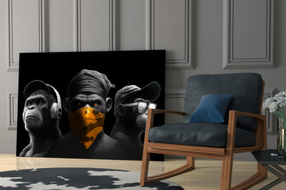 3 Wise Monkeys Chrome Edition Glass Wall Art || Designer Collection