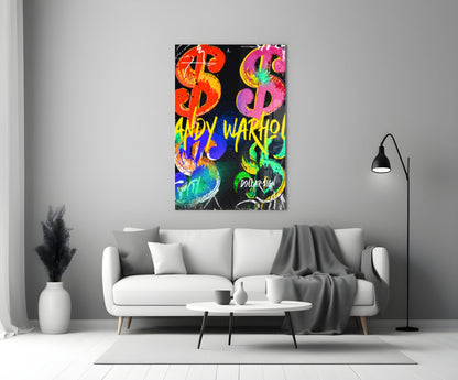 Neon Dollar Signs Grid Black Glass Wall Art