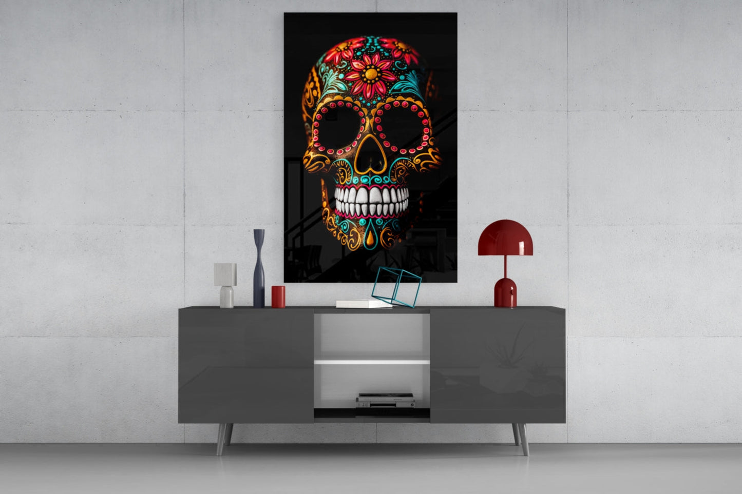 Flowery Skull Glass Wall Art || Designer Collection