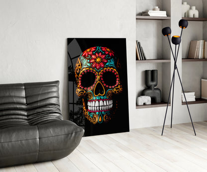 Flowery Skull Glass Wall Art || Designer Collection