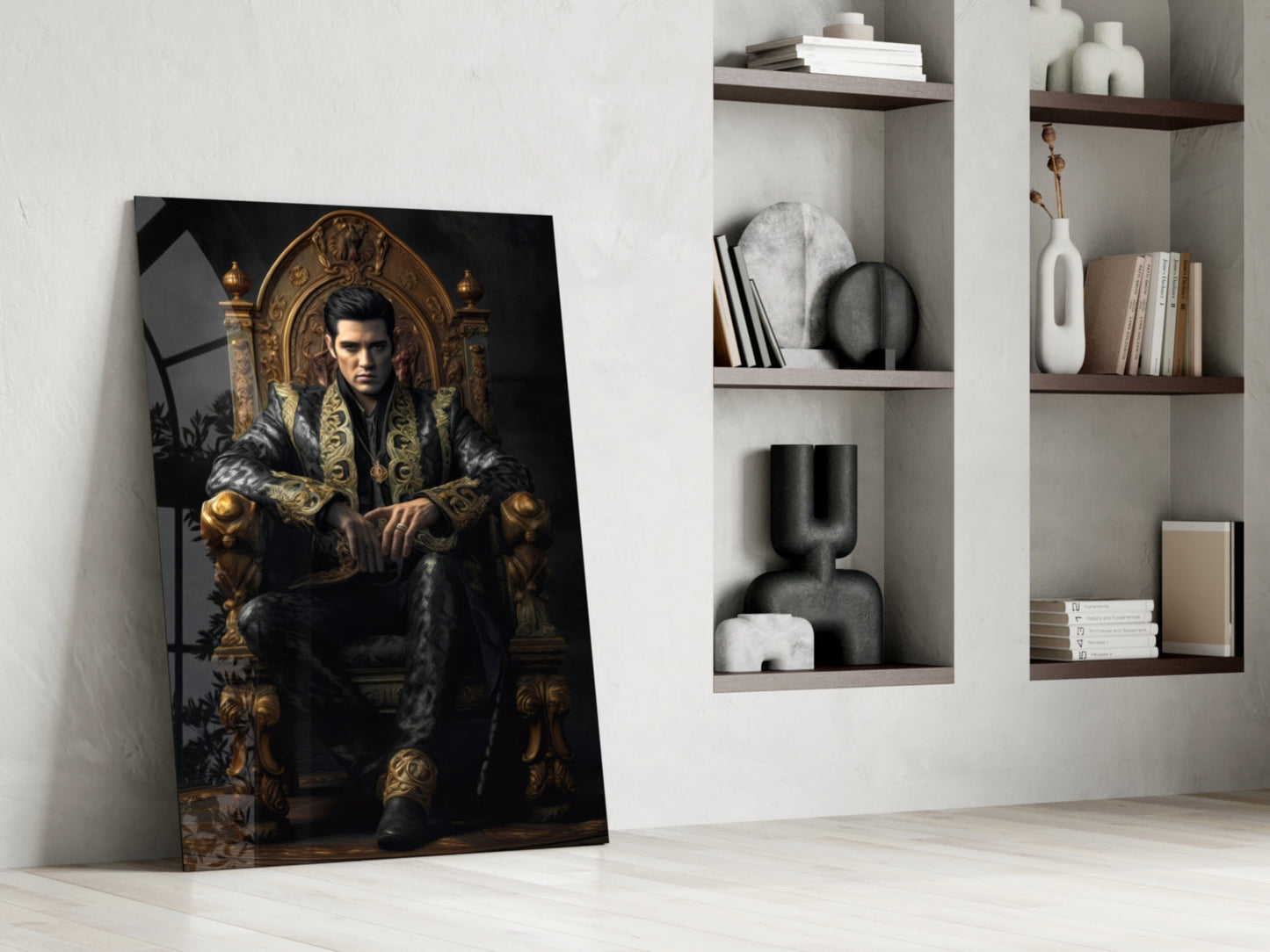 Black Gold Robe King on Throne Glass Wall Art