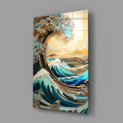 Golden Sky Curling Great Wave Glass Wall Art