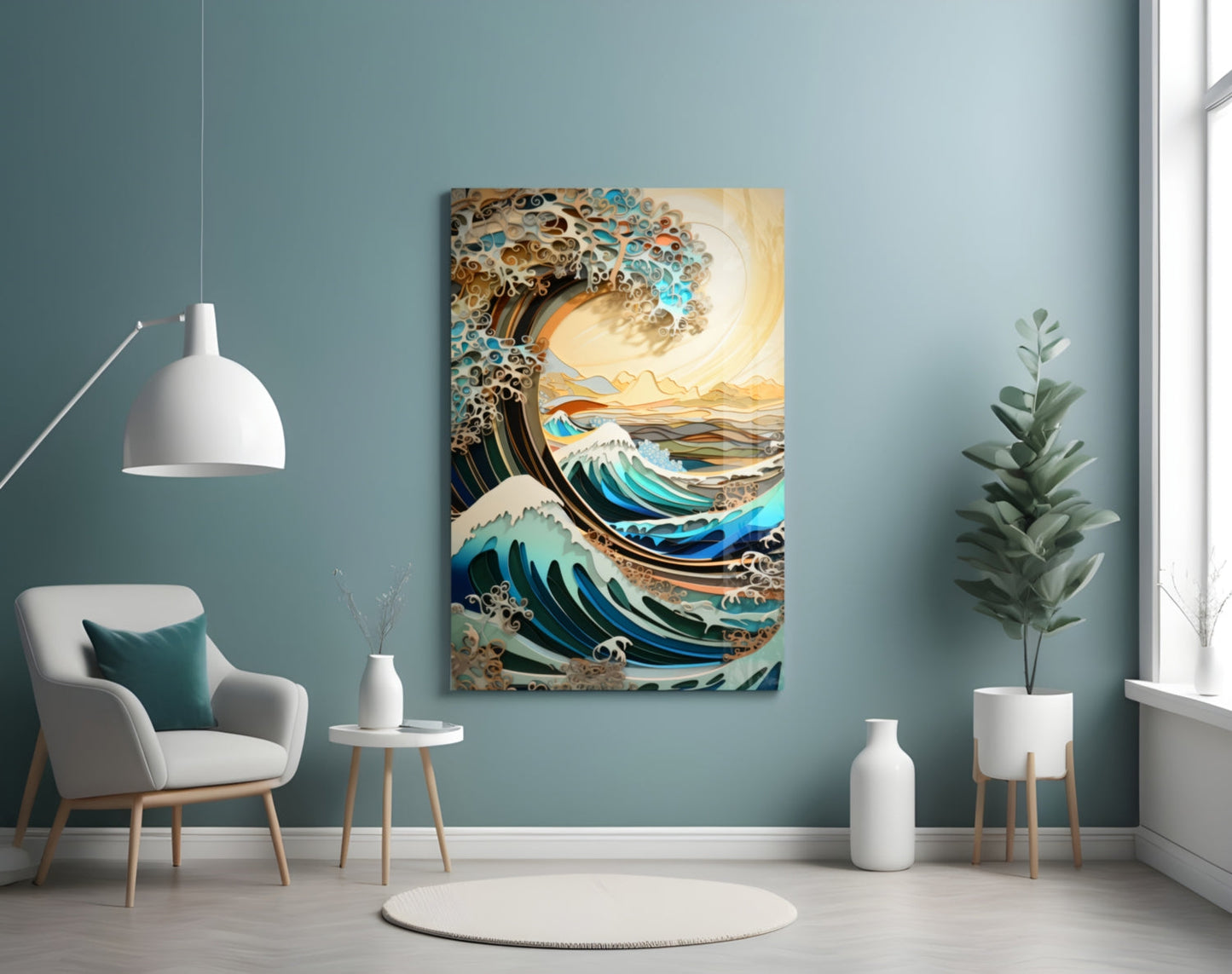 Golden Sky Curling Great Wave Glass Wall Art