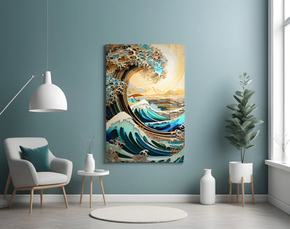 Golden Sky Curling Great Wave Glass Wall Art
