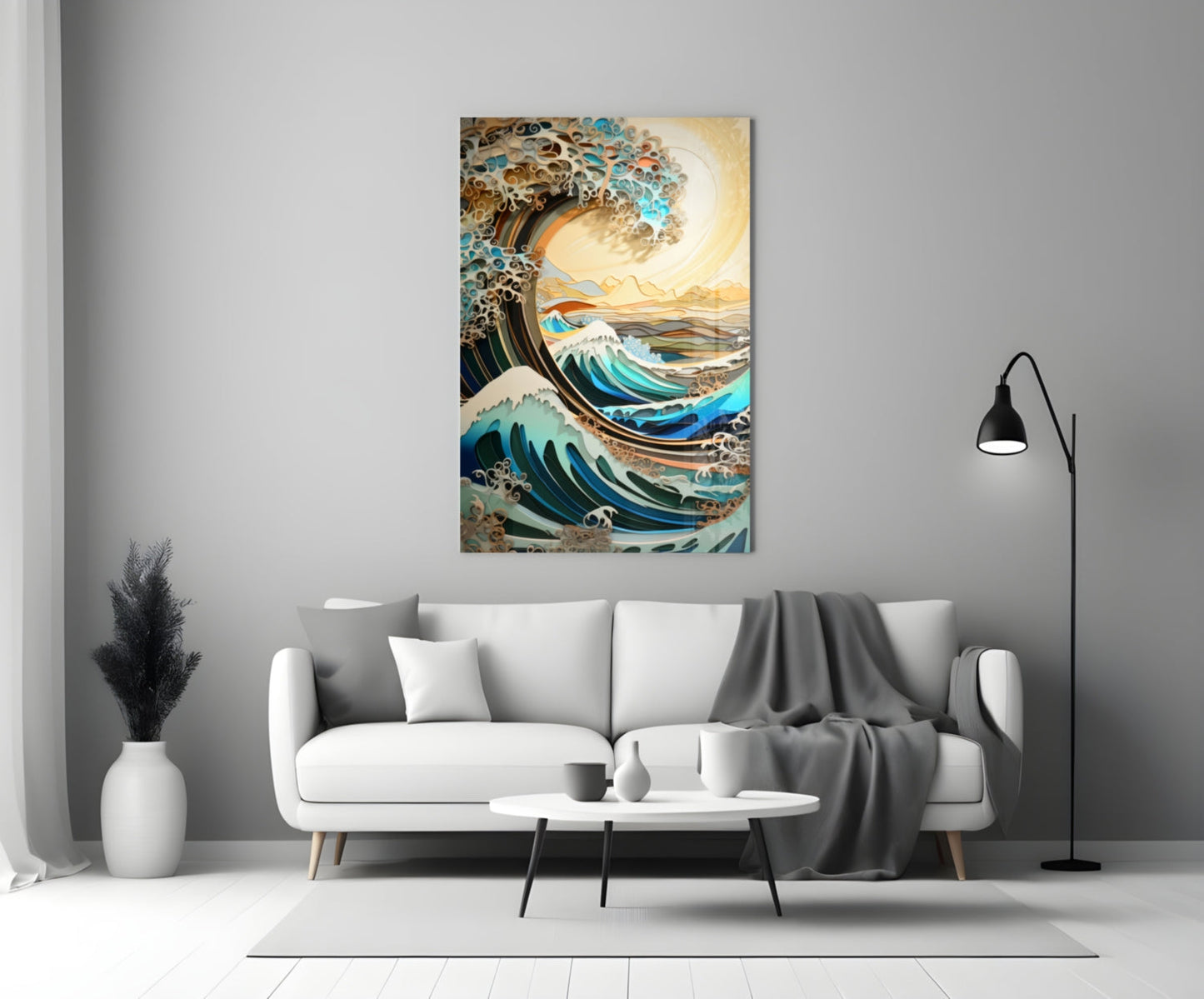 Golden Sky Curling Great Wave Glass Wall Art