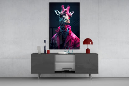 Neon Pink Jacket Giraffe Glass Wall Art