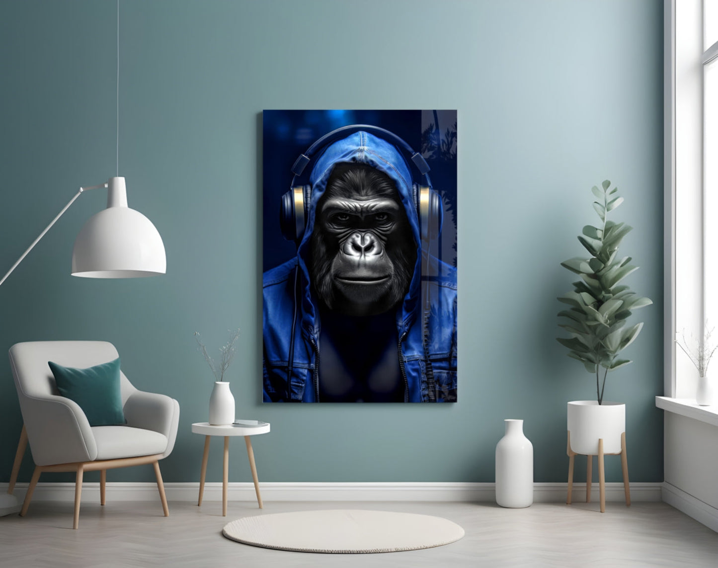 Blue Hoodie Headphones Gorilla Glass Wall Art