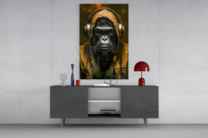 Blue Hoodie Headphones Gorilla Glass Wall Art