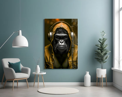 Blue Hoodie Headphones Gorilla Glass Wall Art