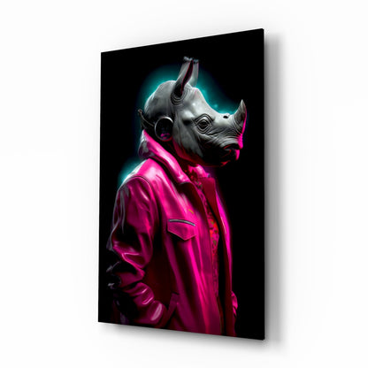 Pink Coat Rhino Neon Glow Glass Wall Art