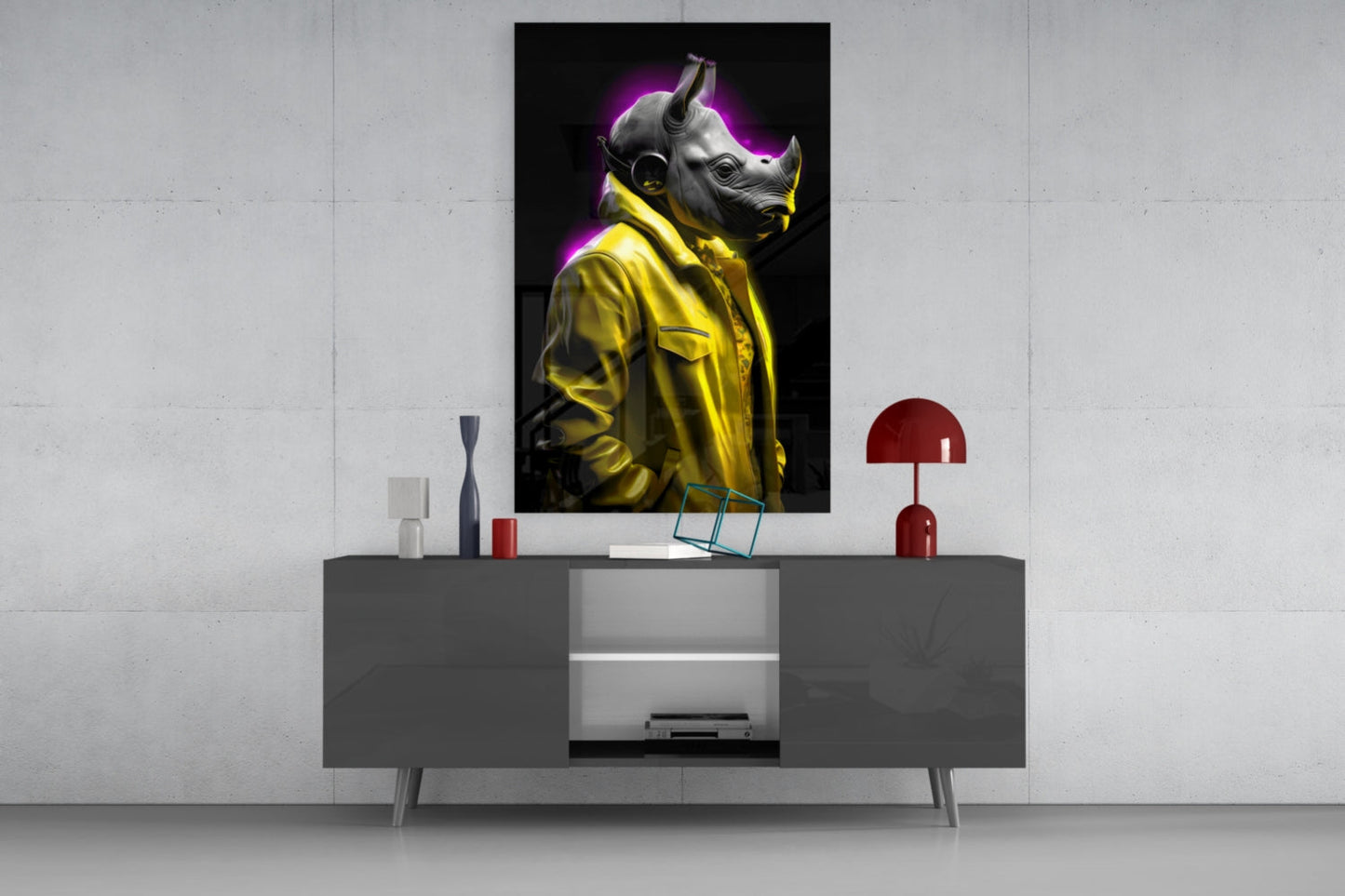 Yellow Coat Rhino Purple Glow Glass Wall Art