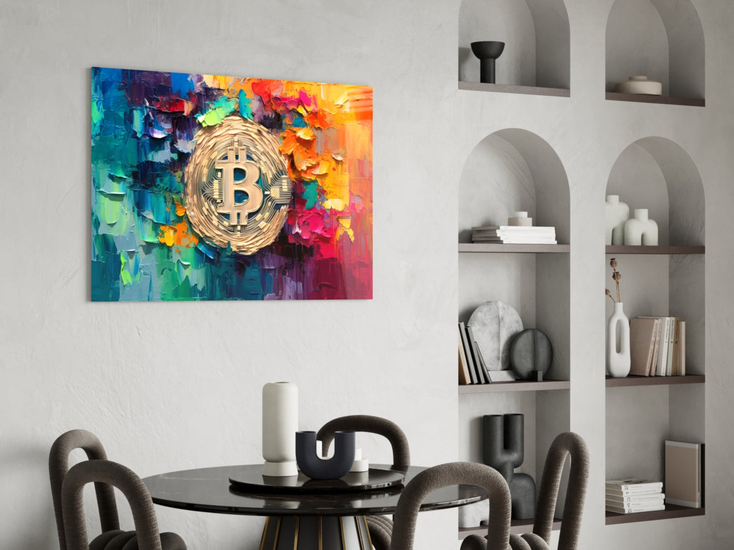Palette Knife Rainbow Bitcoin Glass Wall Art