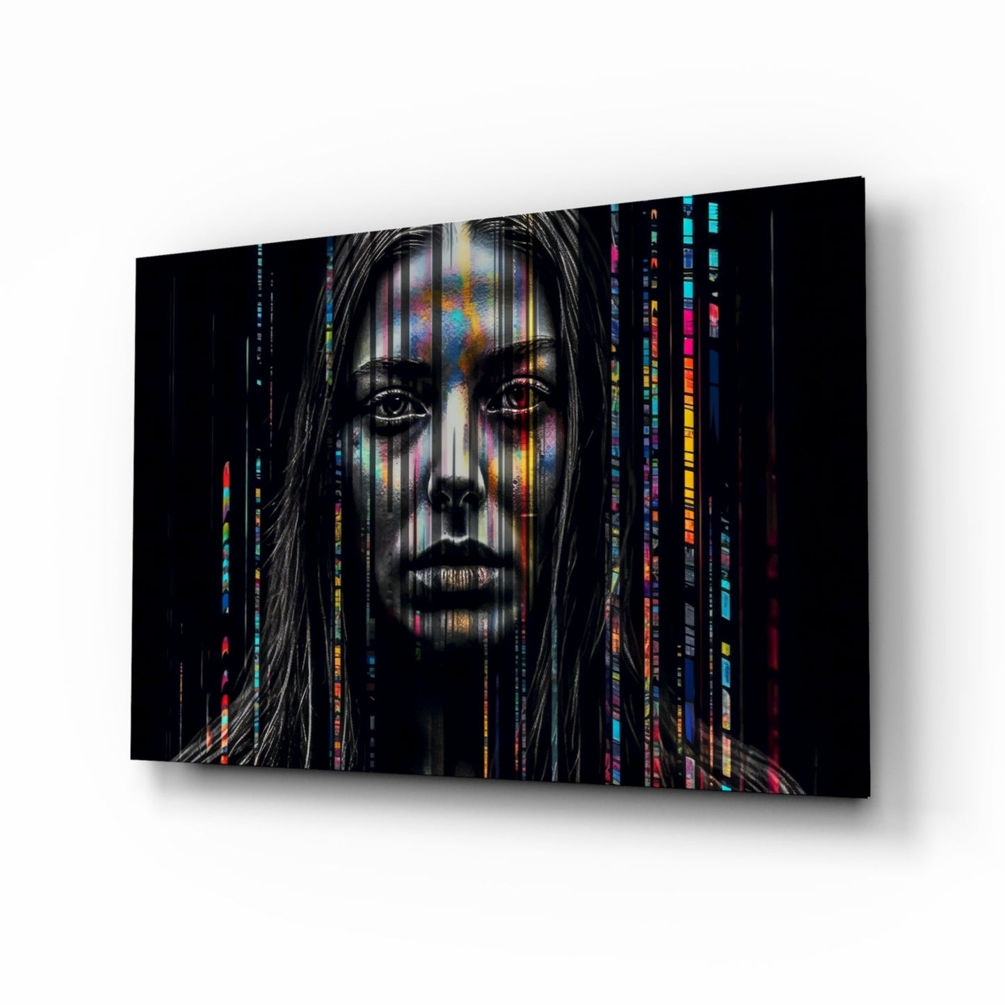 Glitch Stripes Woman Portrait Glass Wall Art