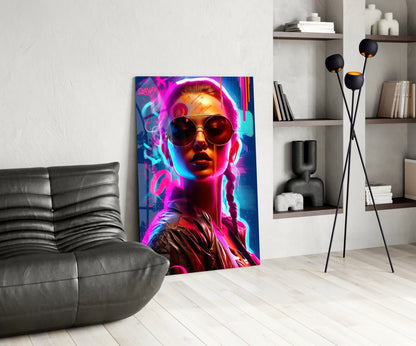 Braided Neon Aviator Woman Glass Wall Art
