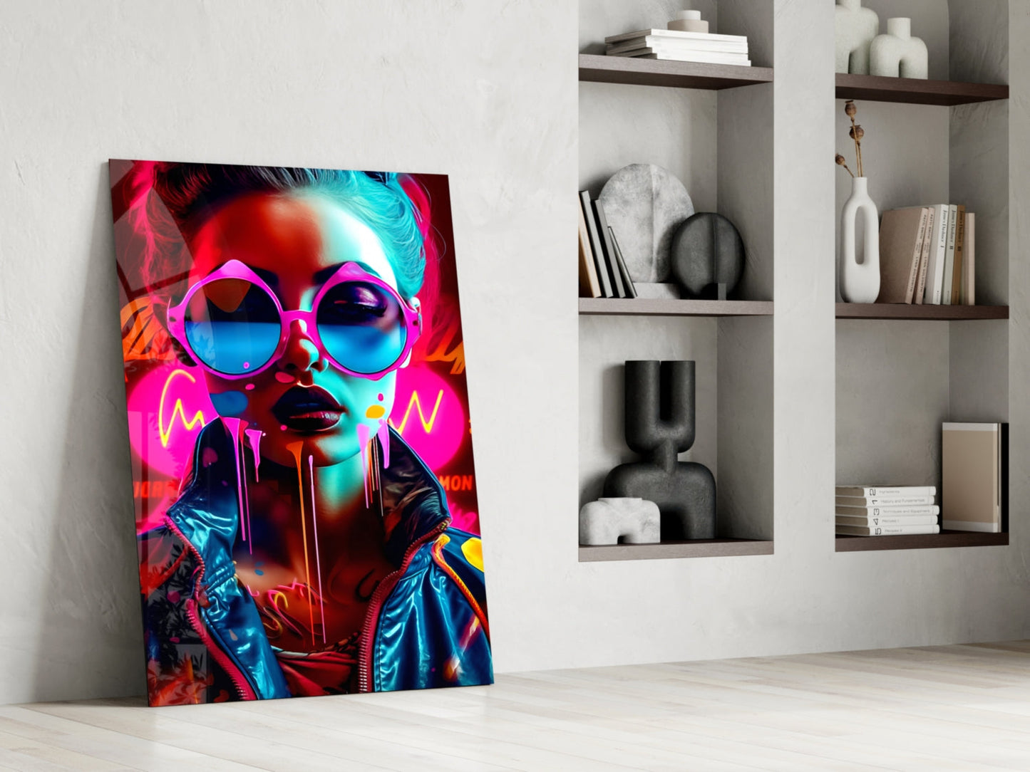 Pink Round Glasses Neon Woman Glass Wall Art