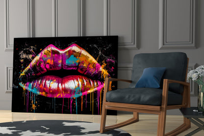 Magenta Paint Drip Lips Glass Wall Art