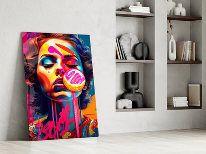 Dripping Pink Lollipop Graffiti Woman Glass Wall Art