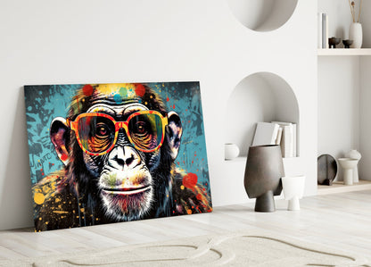 Turquoise Paint Drip Smiling Chimp Glass Wall Art