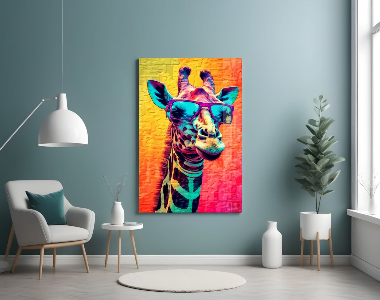 Neon Pop Giraffe Purple Shades Glass Wall Art