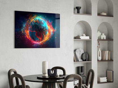 Fiery Orbit Blue Earth Globe Glass Wall Art