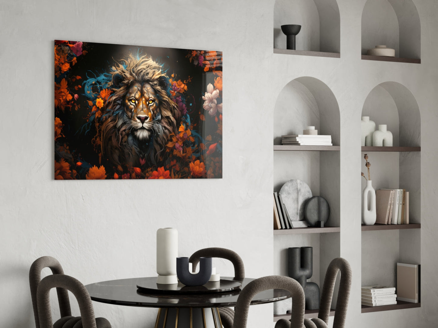 Orange Blossom Lion Portrait Glass Wall Art