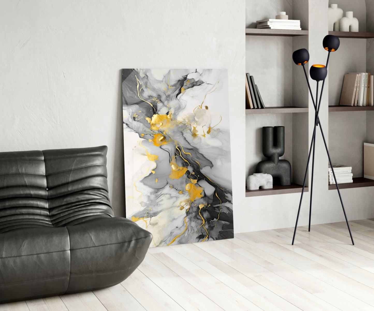 Gold Veined Charcoal Marble Swirl Glass Wall Art