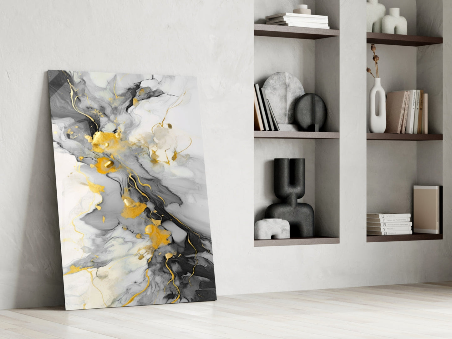Gold Veined Charcoal Marble Swirl Glass Wall Art