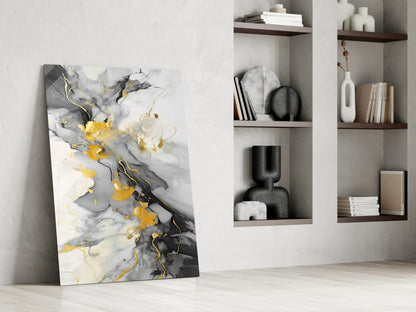 Gold Veined Charcoal Marble Swirl Glass Wall Art