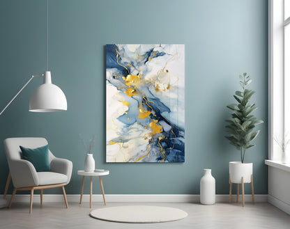 Gold Veined Indigo Marble Swirl Glass Wall Art
