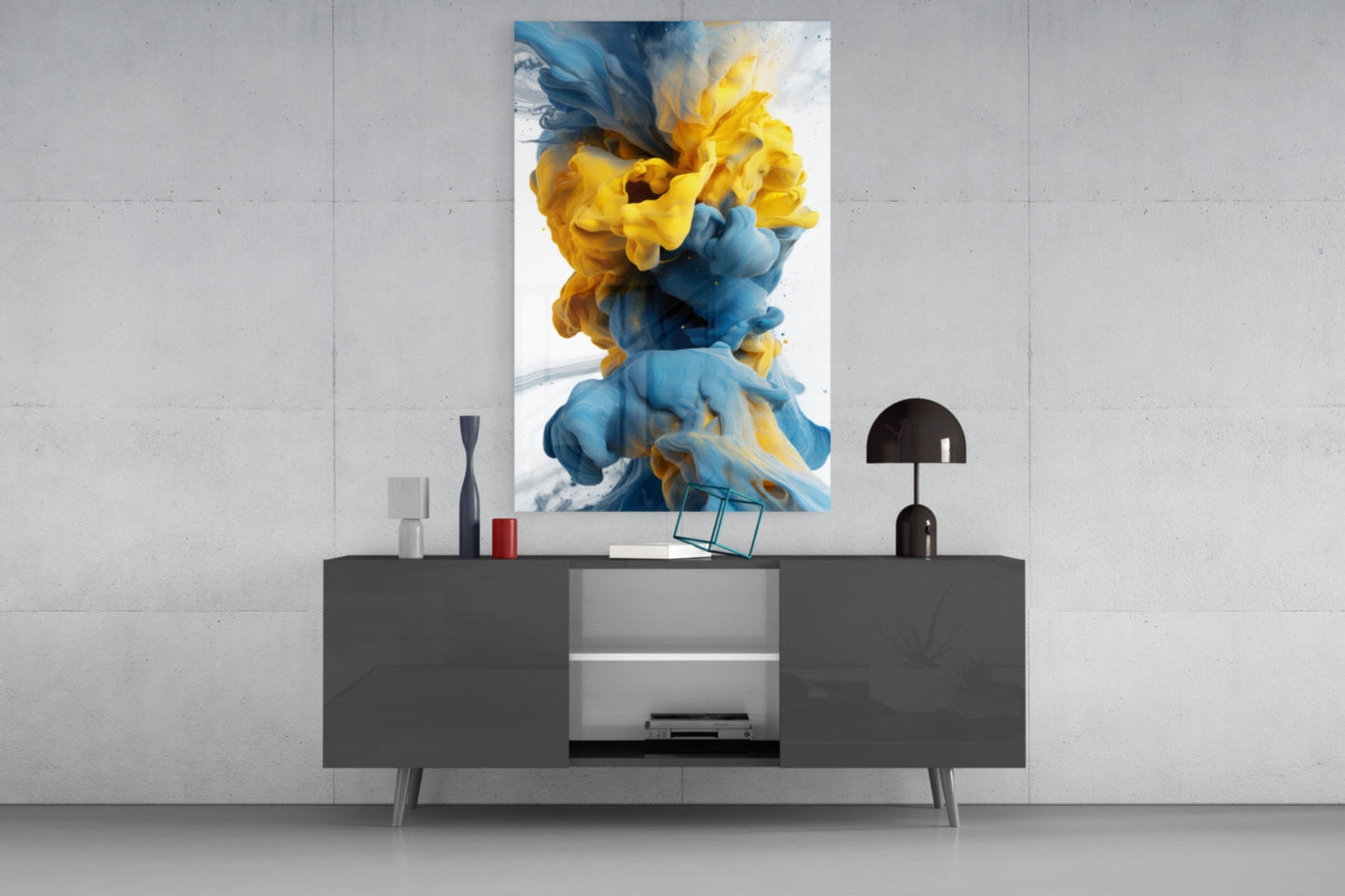 Blue And Yellow Ink Swirl Abstract Glass Wall Art