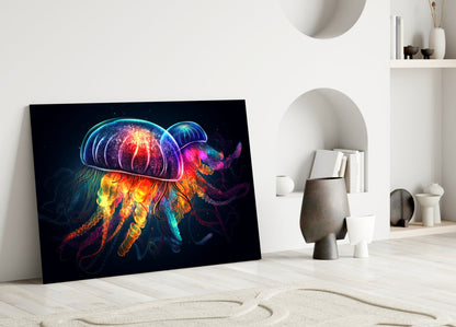 Neon Jellyfish Pair Cosmic Glow Glass Wall Art