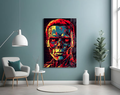 Red And Yellow Pop Cyborg Face Glass Wall Art