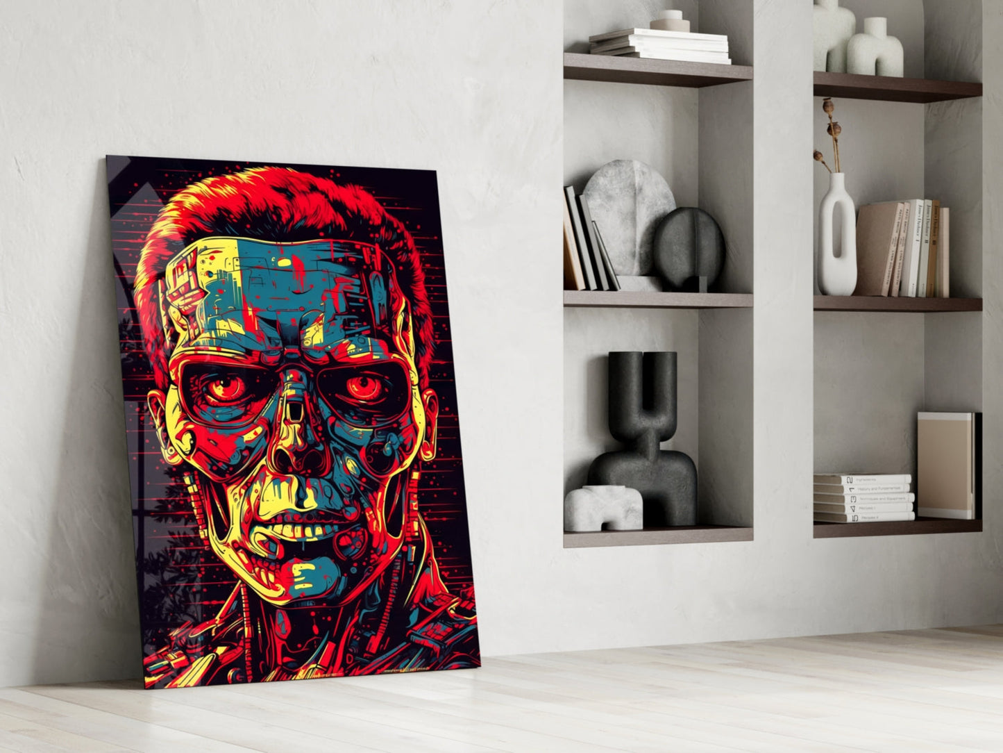 Red And Yellow Pop Cyborg Face Glass Wall Art