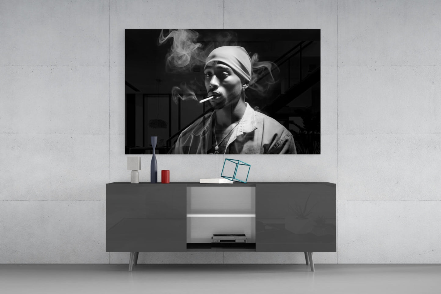 Gray Bandana Cigarette Smoke Rapper Glass Wall Art