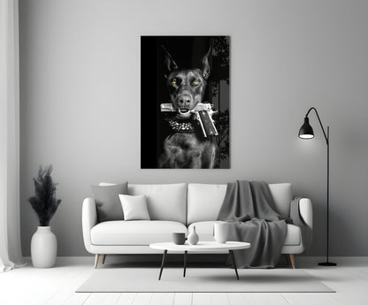 Doberman Holding Silver Pistol Glass Wall Art