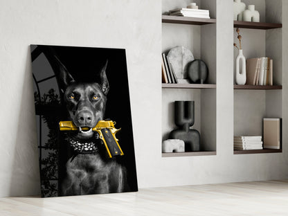 Doberman Holding Gold Pistol Glass Wall Art