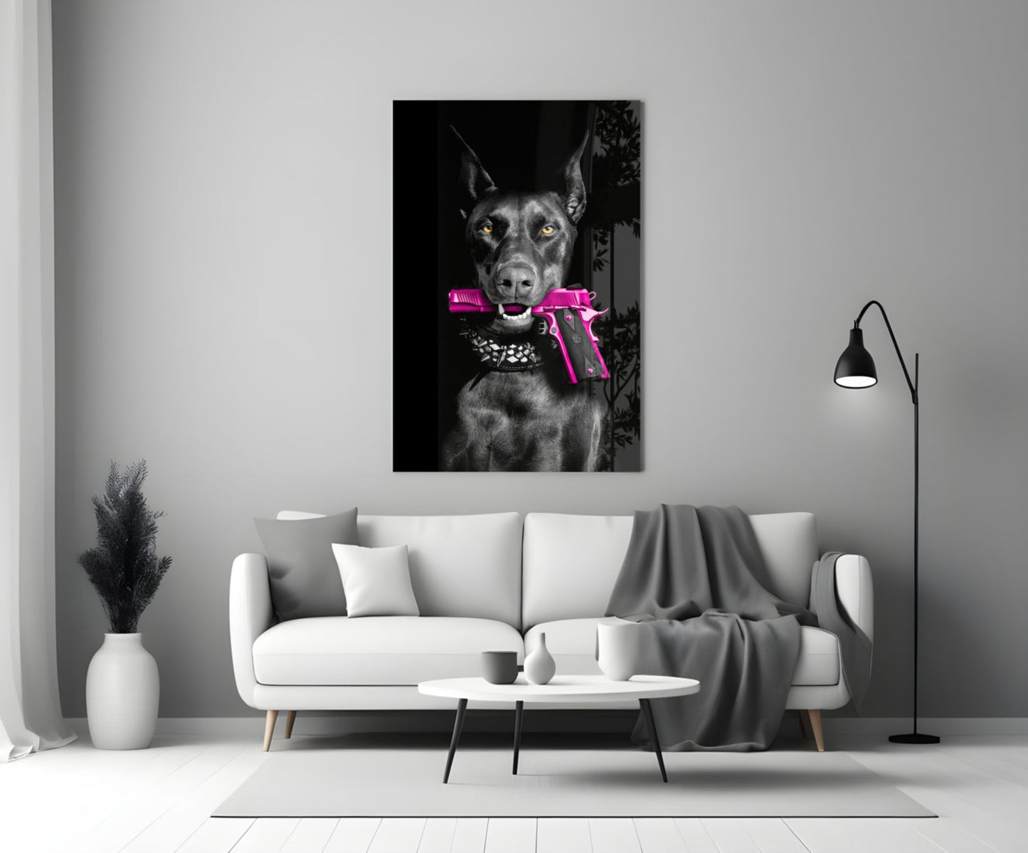 Doberman Holding Pink Pistol Glass Wall Art