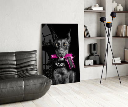 Doberman Holding Pink Pistol Glass Wall Art
