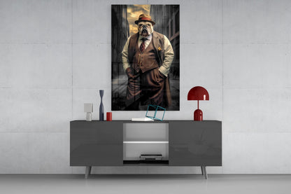 Bulldog In Brown Suit And Fedora Glass Wall Art