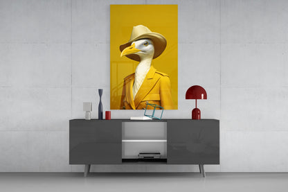 Seagull in Mustard Yellow Overcoat Glass Wall Art