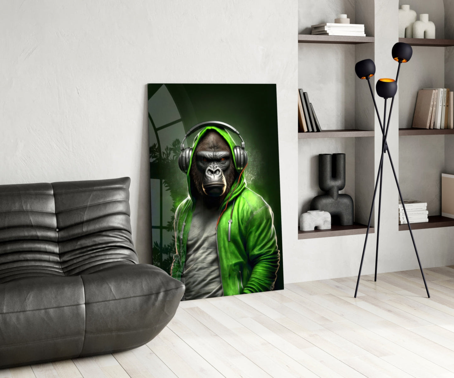 Gorilla in Lime Green Hoodie Headphones Glass Wall Art