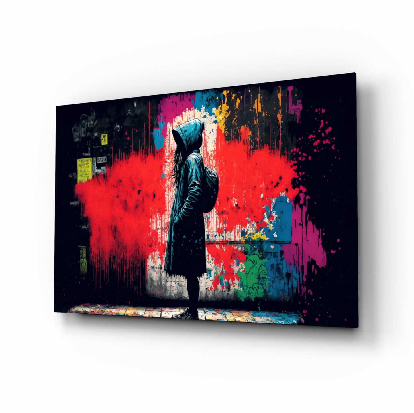 Hooded Kid Facing Red Paint Splash Glass Wall Art