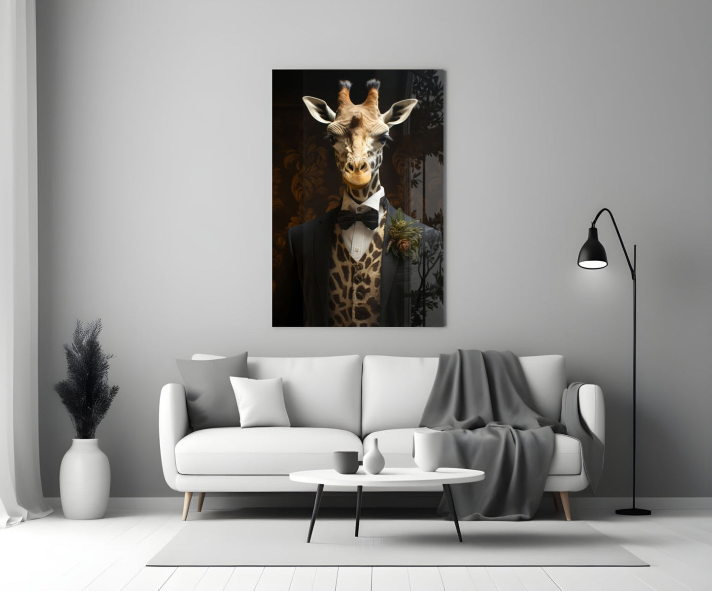 Giraffe in Tuxedo Bow Tie Glass Wall Art