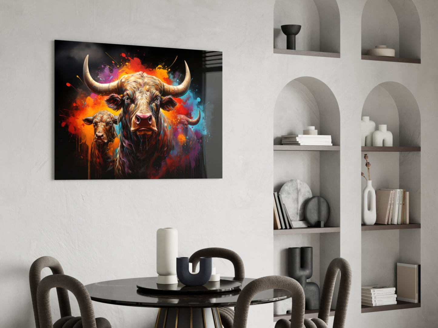 Colorful Horned Bull Splash Glass Wall Art