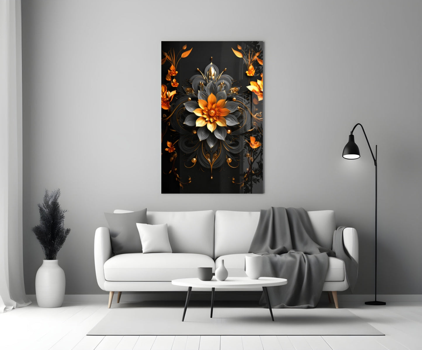 Black Gold Ornate Flower Mandala Glass Wall Art