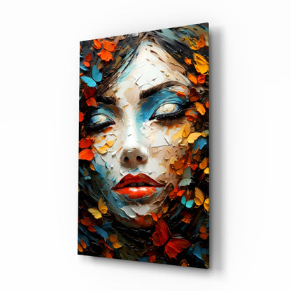 Red Lips Palette Knife Woman in Leaves Glass Wall Art