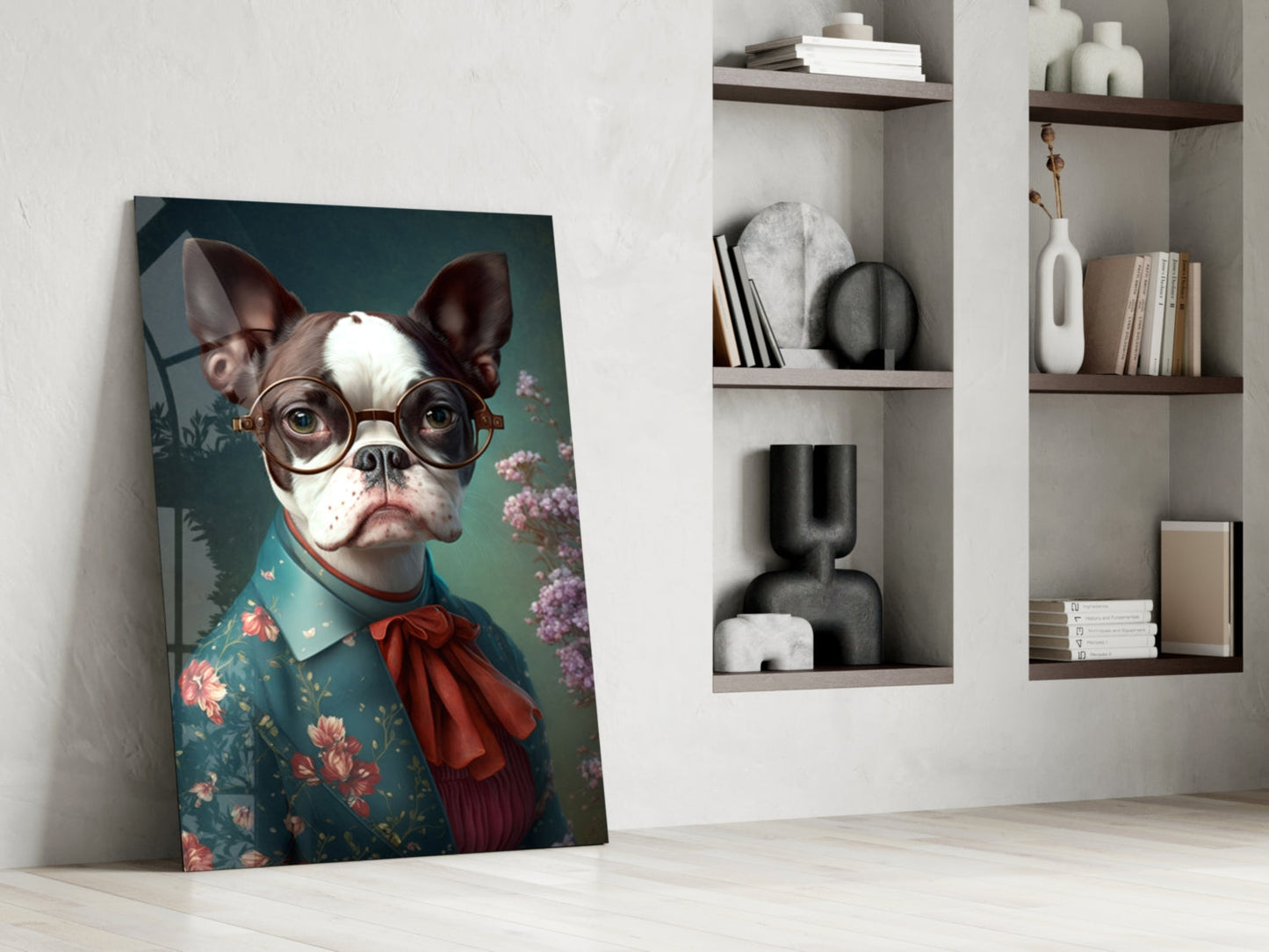 Bulldog in Round Glasses Floral Shirt Glass Wall Art
