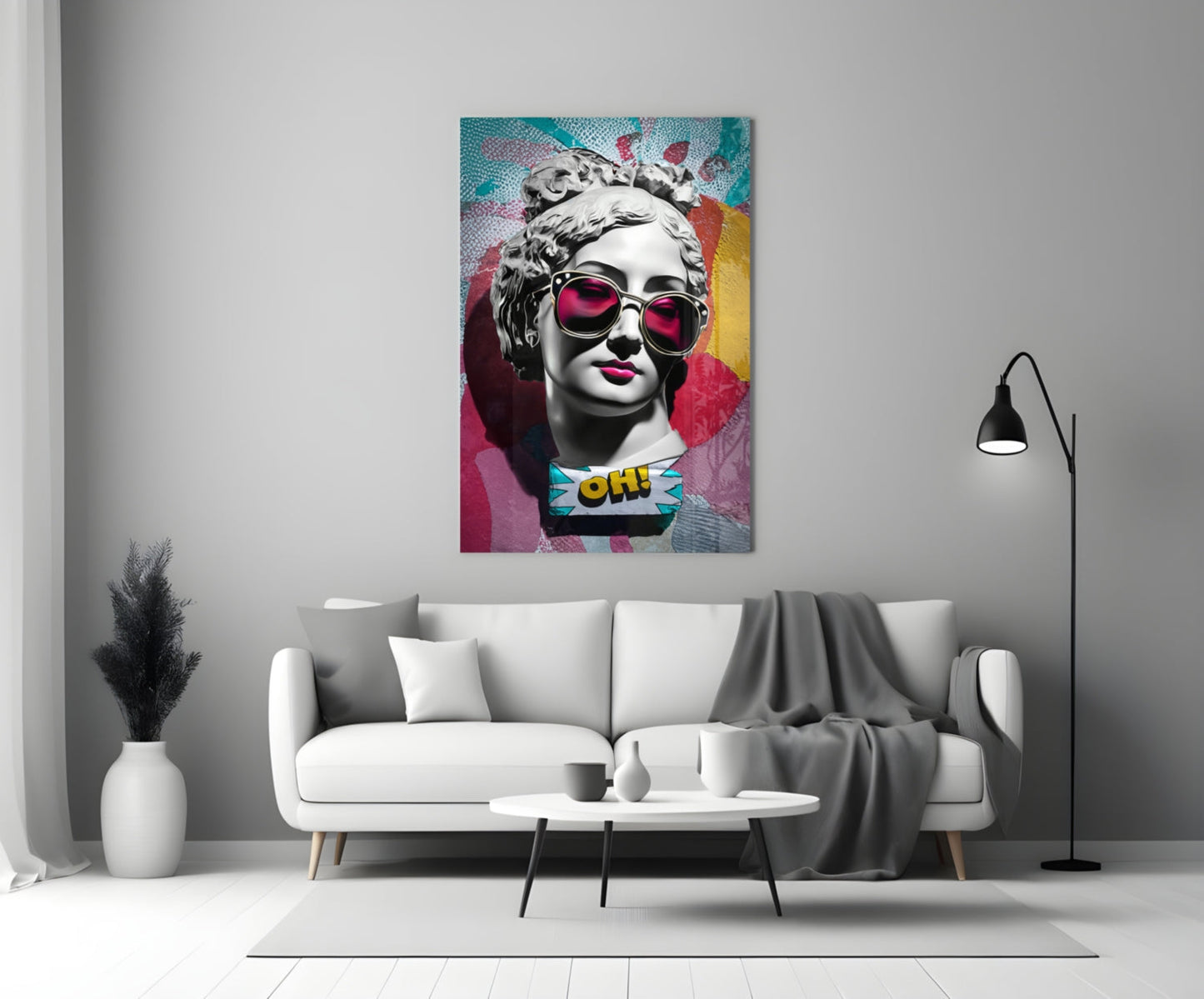Teal Collage Grey Statue Head Glass Wall Art