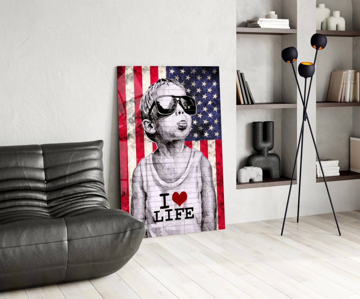Rustic USA Flag Sunglasses Boy Glass Wall Art